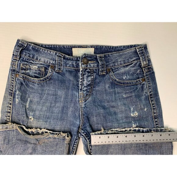 Maurices Juniors Size 5 6 Short Jeans Jenna Bootcut Blue Denim Distressed Hem We - Picture 6 of 8